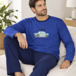 AA UNDERWEAR Πιτζάμα Ανδρική Interlock Μπλε με Σχέδιο Vintage