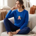 A.A UNDERWEAR Πιτζάμα Γυναικεία 100% Cotton Ιnterlock Μπλε Love Teddy